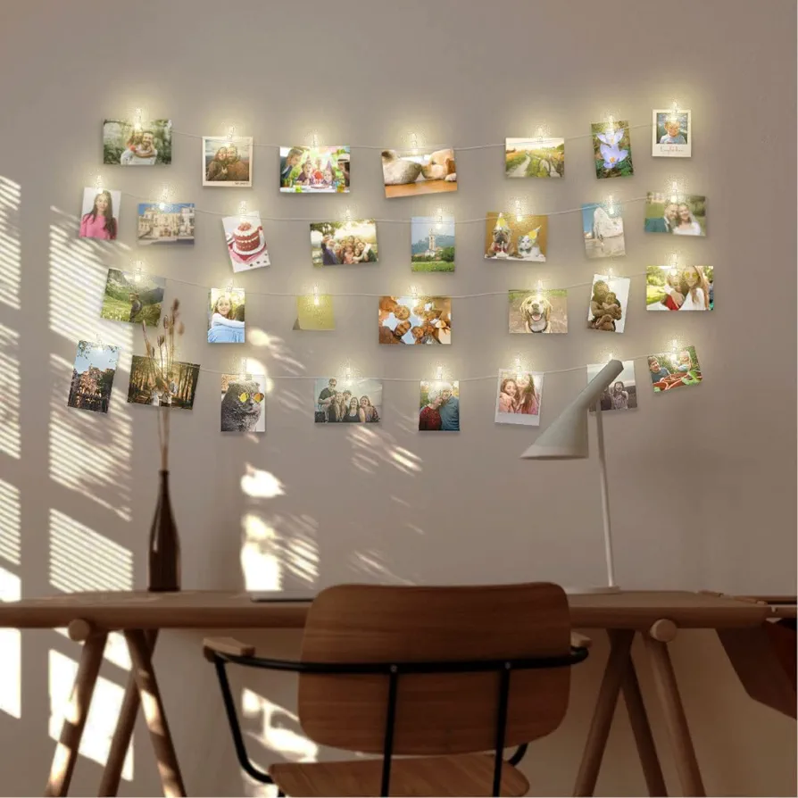 LAC Photo Clip String Lights (5M/16.4ft 50 LED 30 Clips) - Battery Indoor Led Fairy Lights for Bedroom, Dorm Decor Photo Hanger