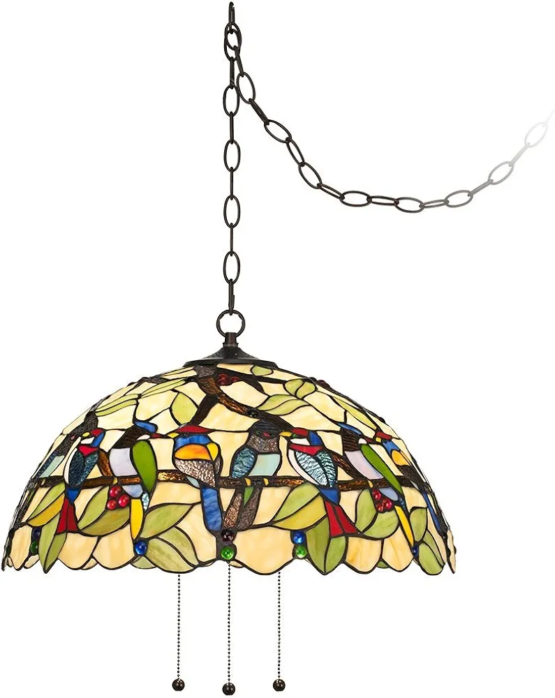 Robert Louis Tiffany Tropical Birds Tiffany Bronze Plug in Swag Pendant Chandelier 20" Wide Stained Glass 3-Light Fixture for Dining Room House Foyer Kitchen Island Entryway Bedroom Living Room