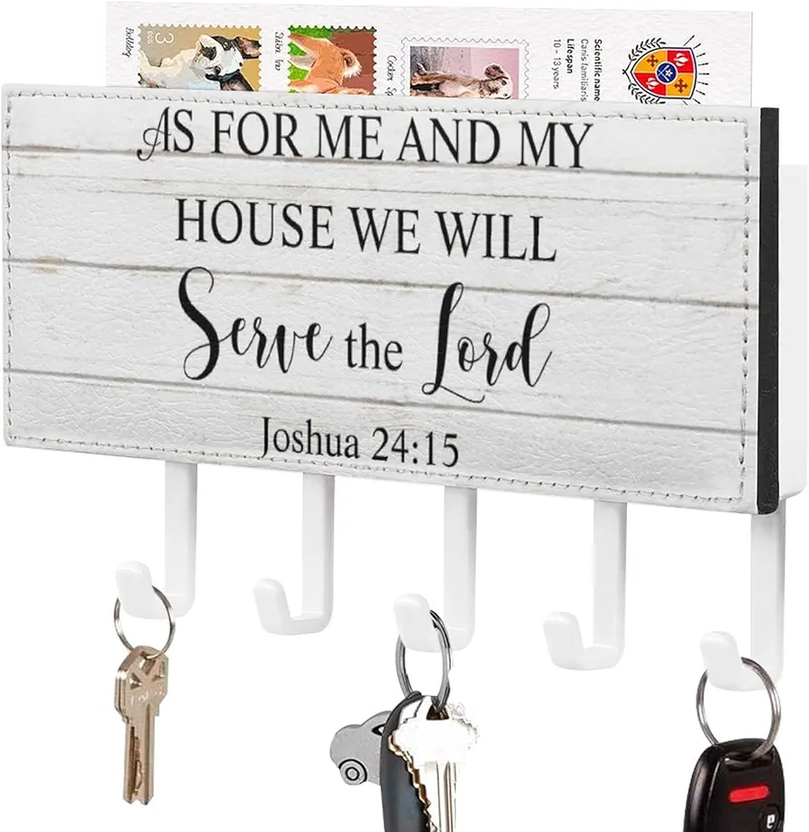 As for Me and My House We Will Serve The Lord Key Holder Wall Mount Key Rack Christian Saying Self Adhesive Key Hanging Rack Rustic Decoration for Entryway Mudroom Hallway Office 7x4 inch