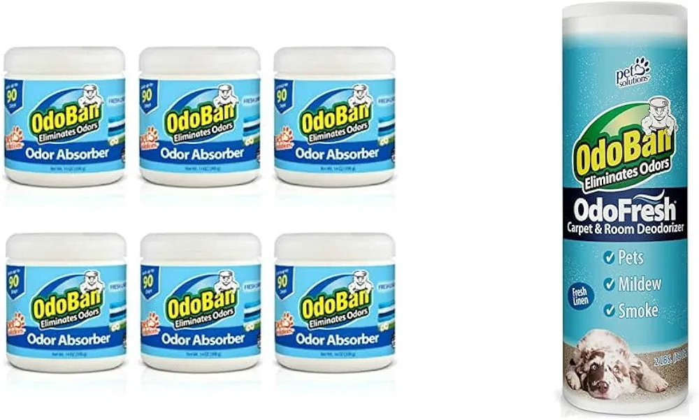 OdoBan Solid Odor Absorber Eliminator 14 Ounce 6-Pack and OdoBan OdoFresh Carpet & Room Deodorizer Powder 2 Pounds Fresh Linen Scent