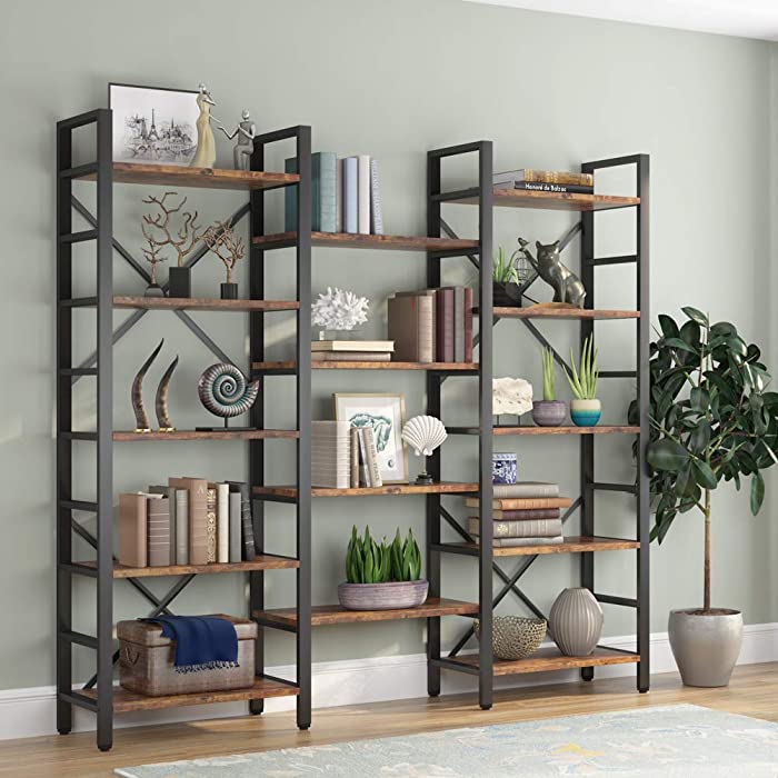 Tribesigns Triple Wide 5-Shelf Bookcase, Etagere Large Open Bookshelf Vintage Industrial Style Shelves Wood and Metal bookcases Furniture for Home & Office, 70 inch