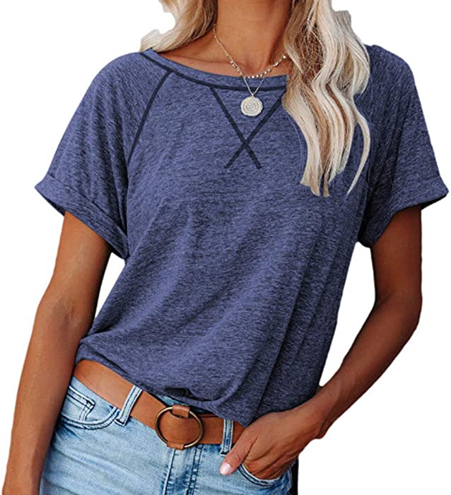 Women Tops Short Sleeve Color Block T-Shirts Tees Raglan Casual Loose Fit Tunic Tops