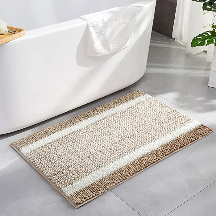 Milvowoc Bath Mats for Bathroom Luxury Chenille Shaggy Bath Rugs Non Skid Soft Shaggy Rugs Bath Carpet Machine Wash/Dry for Tub, Shower and Bath Room (20x32 Inch, Khaki/White)