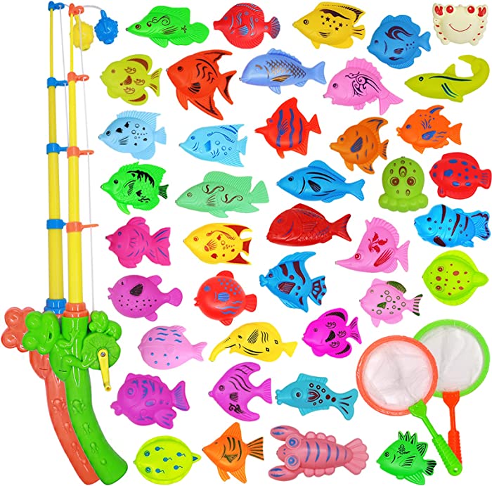 Magnetic Fishing Game Bath Toys for Kids Ages 4-8, 2 Fishing Poles 2 catching Fish Tool and 38 Floating Magnet Ocean Sea Animals Bathtub Toys for Kids Toddlers Toys