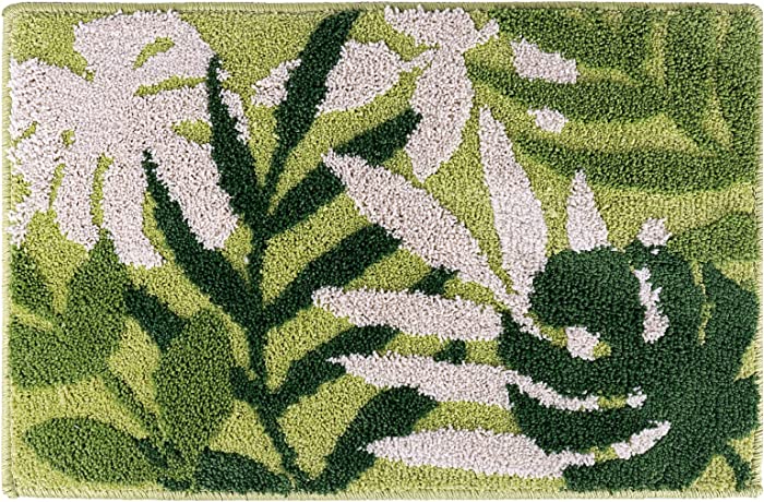 Green Bath Rug Mat,Leaves Bath Rugs Microfiber Tropical Bathroom Rugs Strong Water Absorption Bath Mat with Green Leaf Pattern 16 X 24IN ,for Bathroom, Indoor, Doormat, Room Tub