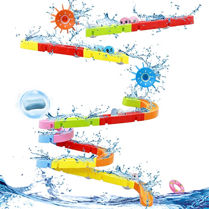 Aomola Kids Bath Toys for Toddlers Fun Slide Water Ball Track Stick to Wall Bathtub DIY Waterfall Pipe and Tub Toys with Suction Wheels Gift for Boys Girls 38 Piece