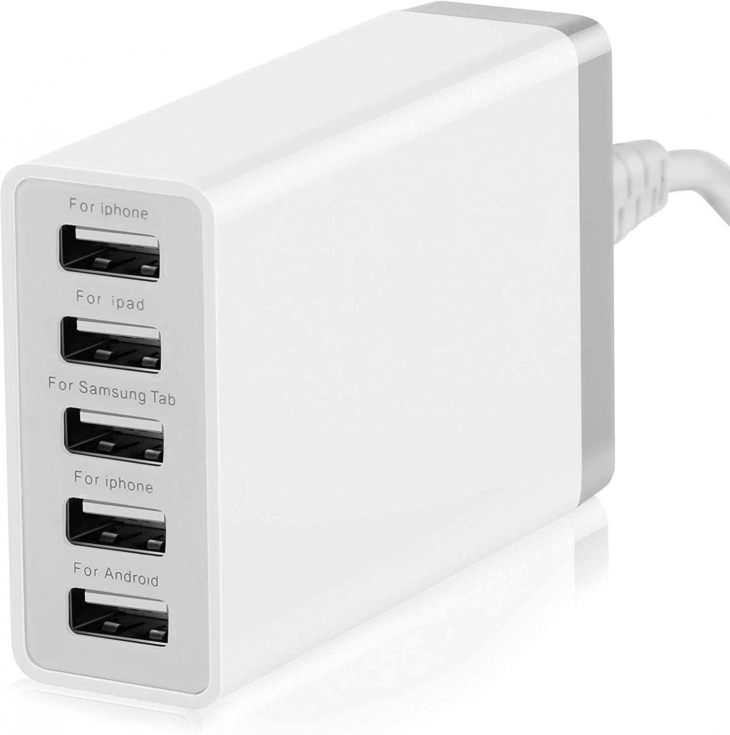 Desktop 5 Port USB Wall Charger 40W 8A, USB Hub Charging Station for Multiple Devices, Protable Multi Port USB Charger for Cell Phone x 8 8 Plus Pro, Pad, Android Smart Phone and More