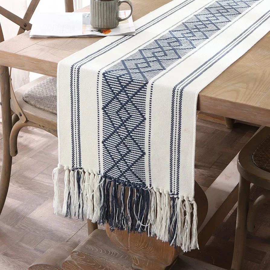 LUFEIJIASHI woven table runners farmhouse style,boho table runners 108 inches long with Tassels elegant washable table runners for dining room ,wedding,holiday,party Table Decor (14.5x108inch, Blue)