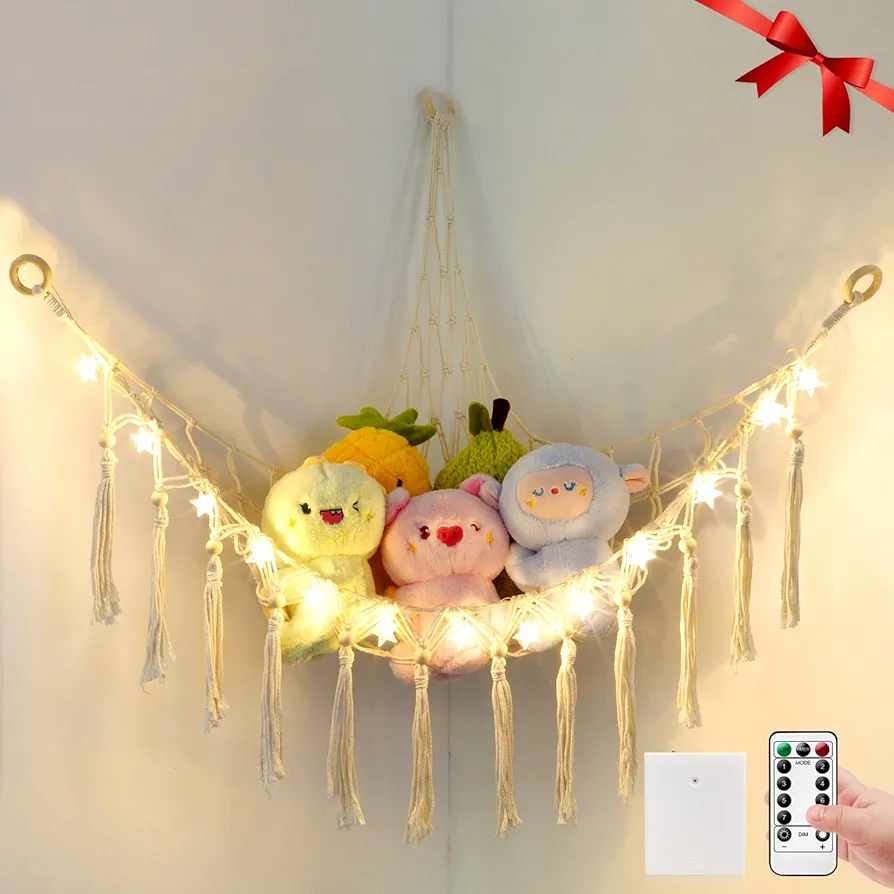 Stuffed Animal Hammock with 13LEDs Star Lights, 47in Toy Storage Macrame Hammock, Hanging Toy Net for Kids Bedroom Doll Room Corner Organizer, Battery Powered Toy Hammock with Remote(Star, L)