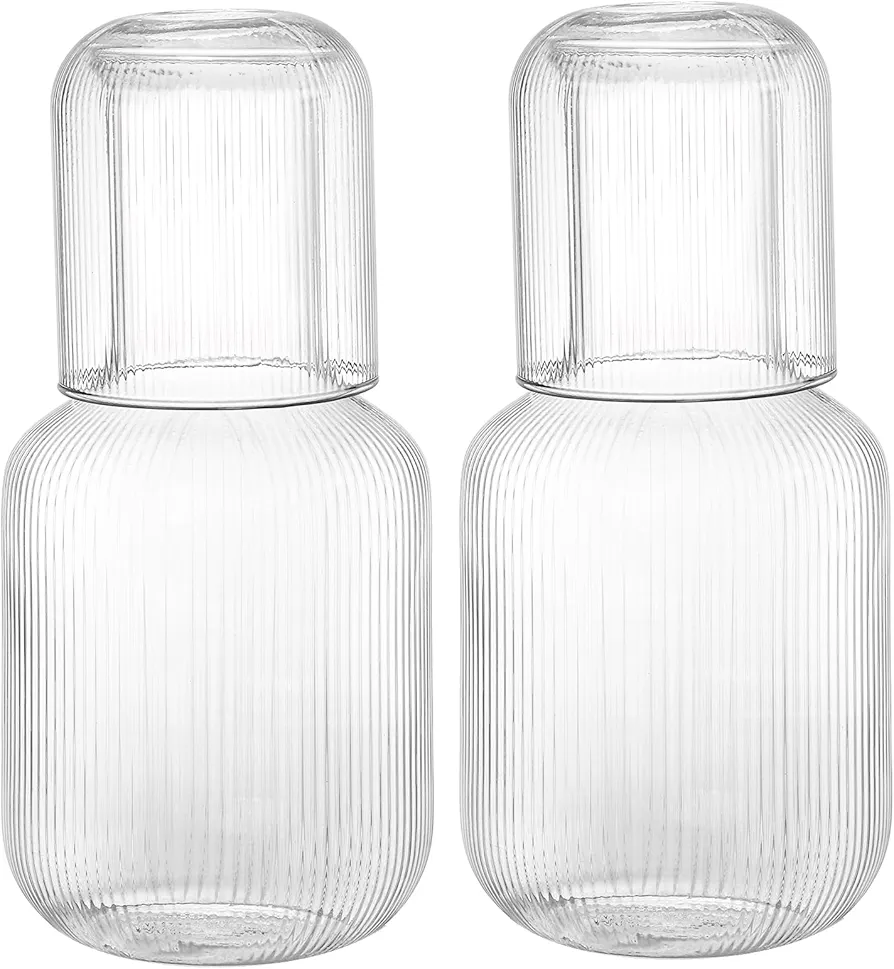 Bekith 2 Set 25 OZ Bedside Night Water Carafe with Tumbler Glass, Vertical Stripes Clear Glass Carafe for Bedroom Guest Room Nightstand, Mouthwash Decanter for Bathroom, Water Pitcher Set (4-Piece)