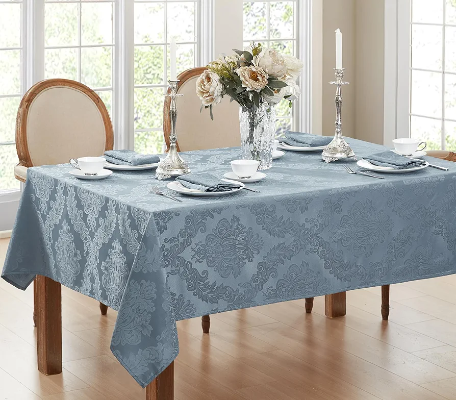 Newbridge Barcelona Luxury Damask Fabric Tablecloth, 100% Polyester, No Iron, Soil Resistant Dining Room, Party Banquet and Holiday Tablecloth, 52 Inch x 70 Inch Oblong/Rectangle, Blue