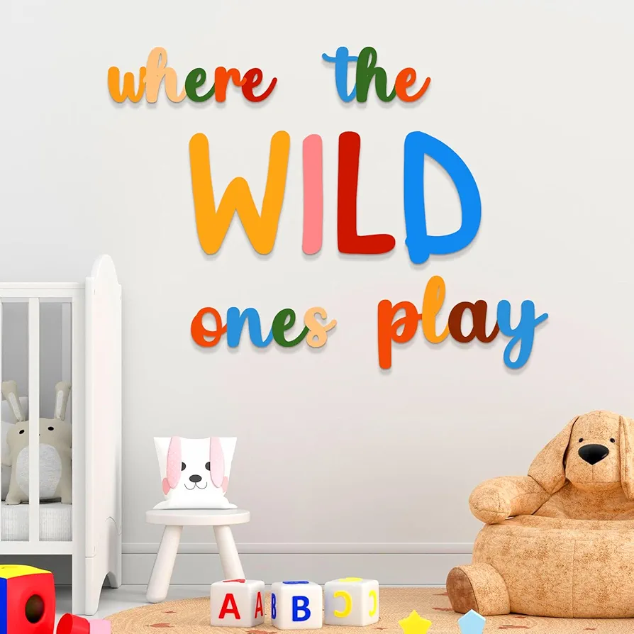 Colorful Playroom Wall Decor Where The Wild Ones Play Wooden Room Sign for Boys Girls Playroom Bedroom Nursery Home Word Cutouts Sign Decor (23inch)