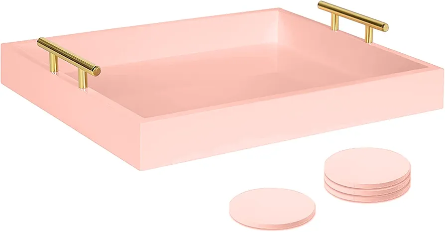 Serving Tray 16.5“X 13“Deluxe Wooden Ottoman Tray for Coffee Table with Polished Gold Metal Handles and 4 Coasters, Living Room Bathroom Coffee Bar Organizer Modern Decorative Pink Tray