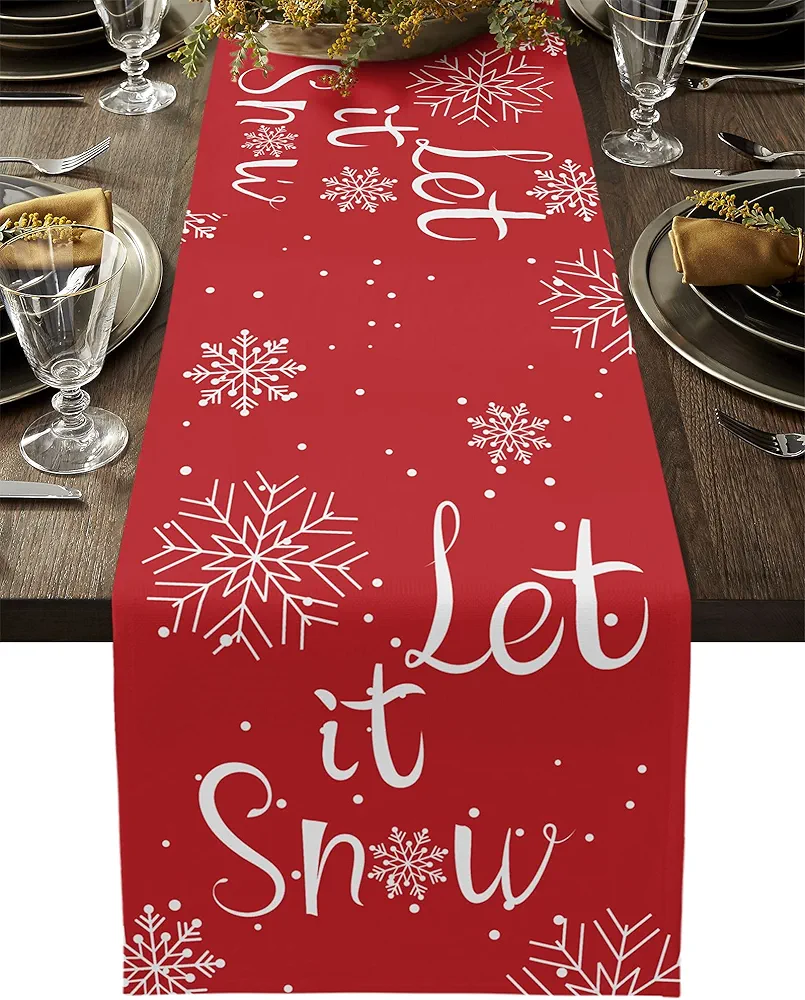 Christmas Table Runner-Cotton Linen-Let it Snow Dinner Scarf Décor,Long 108 Inch Holiday Winter Snowflake Dresser Scarves,Farmhouse Xmas Kitchen Coffee/Dining Home Living Room Tablerunner,Red White