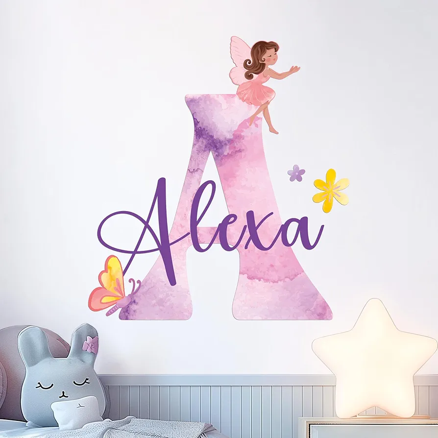 Stickers Name & Initial for Fairy Decor I Fairy Pink Room Decor for Girl Bedroom Decor I Personalized Fairy Wall Decals for Little Girl Room Decor I Multiple Size Options