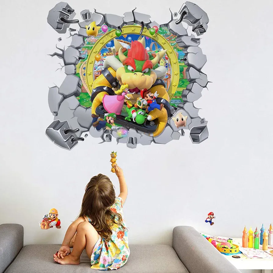 New Game Mario Flies Off The Wall 3D Break Stickers for Living Room Kids Decor Boys Girl Gift Bedroom Poster Mural Wallpaper Removable PVC (23'' x 25''), Red1, 23'' 35'' (202111015)