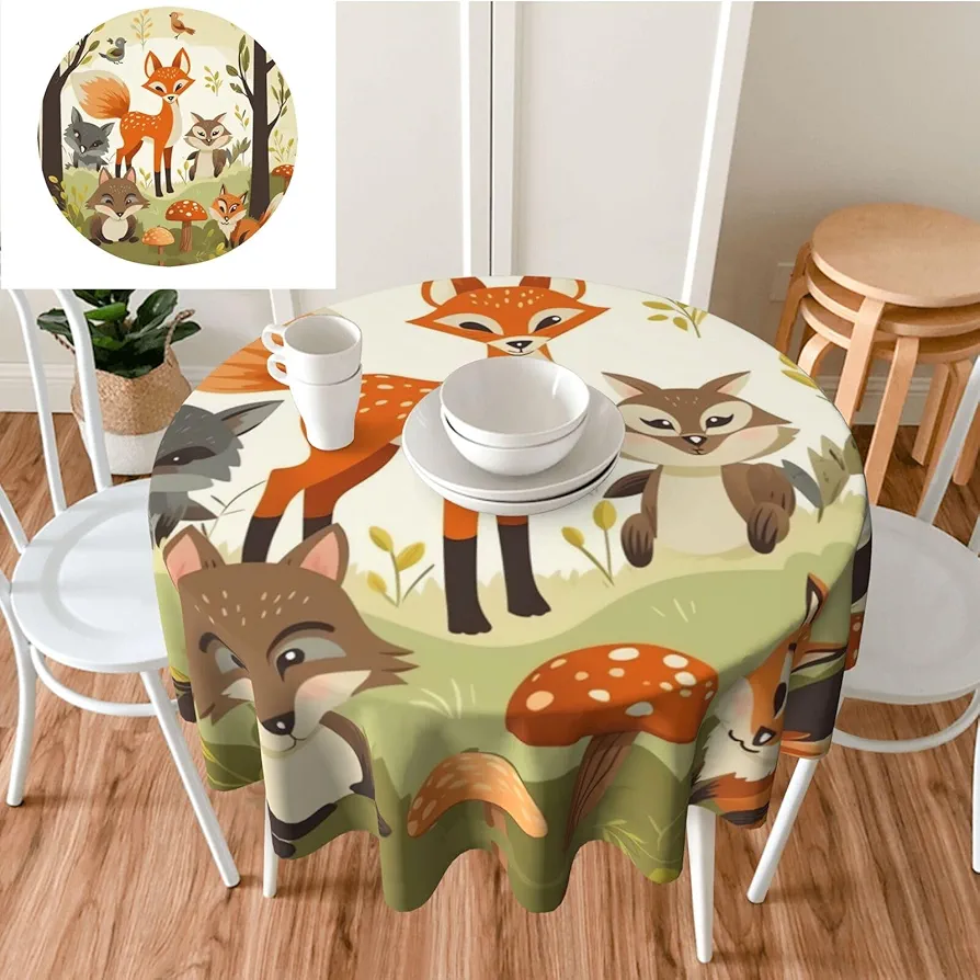 Woodland Animal Print Round Tablecloth 60 Inch Resistant Dining Table Cloth Soft Washable Table Cover Decorative Cover Tabletop for Wedding Birthday Party Dining Room Kitchen Decor