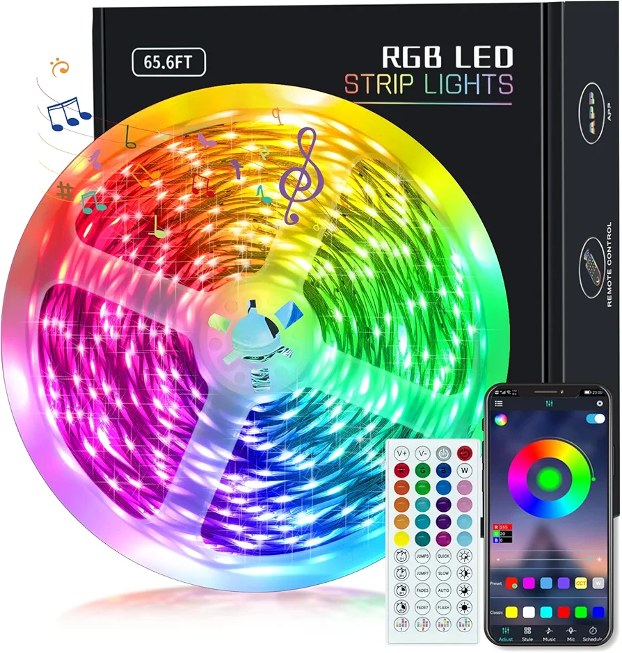 65.6ft LED Lights for Bedroom, Music Sync RGB LED Strip Lights with APP & Remote Control, Luces LED para Cuarto, Bluetooth LED Lights for Room, Home Decoration