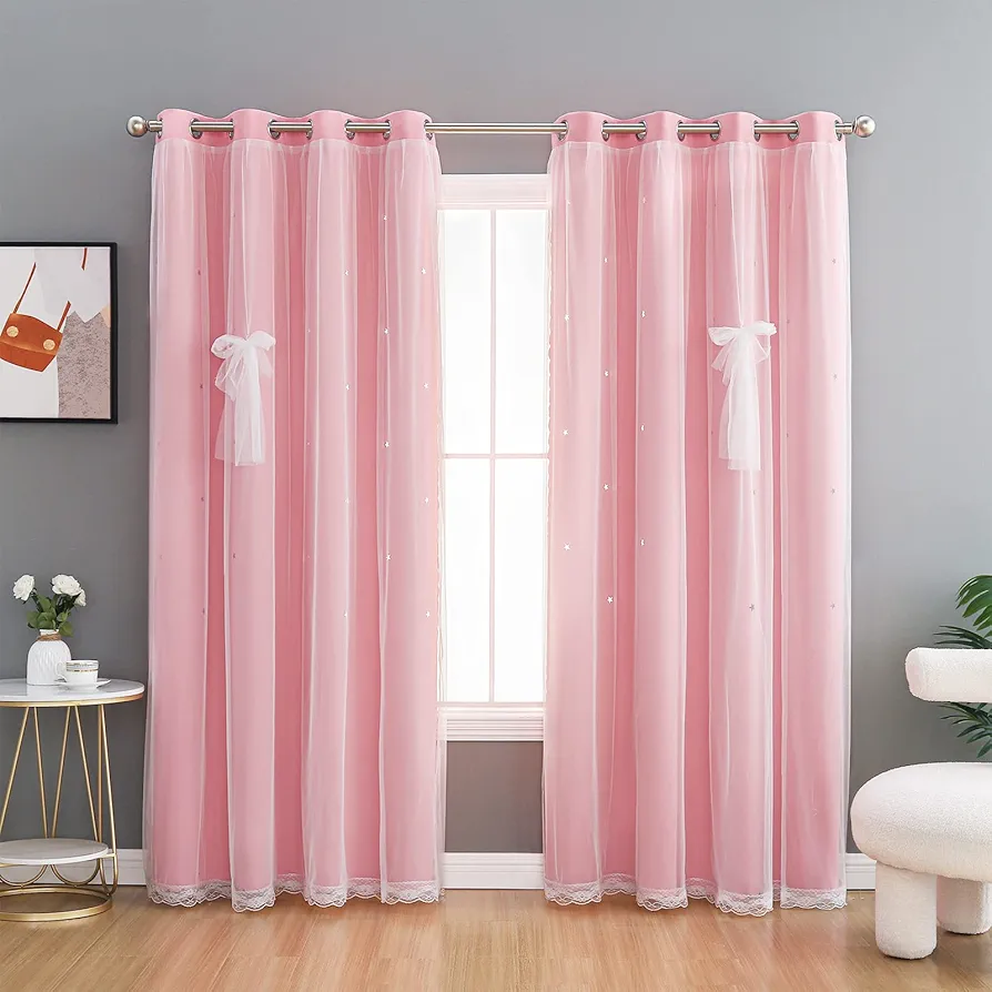 Melodieux Stars Pink Blackout Curtains 63 Length for Girls Kids Bedroom Double Layer Star Cut Out Room Darkening Grommet Nursery Window Curtain, Set of 2, W52 x L63 Inches