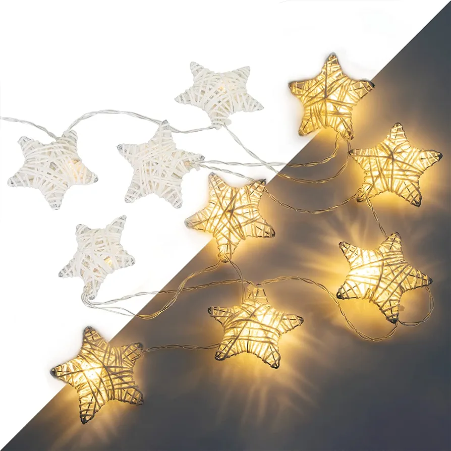 6 ft 10 LED Metal Rattan Style Star String Fairy Lights Garland, Battery Operated, Wedding Holiday Christmas Tree, Valentine Kid’s Room Bedroom Decorative, Indoor Outdoor, Warm White