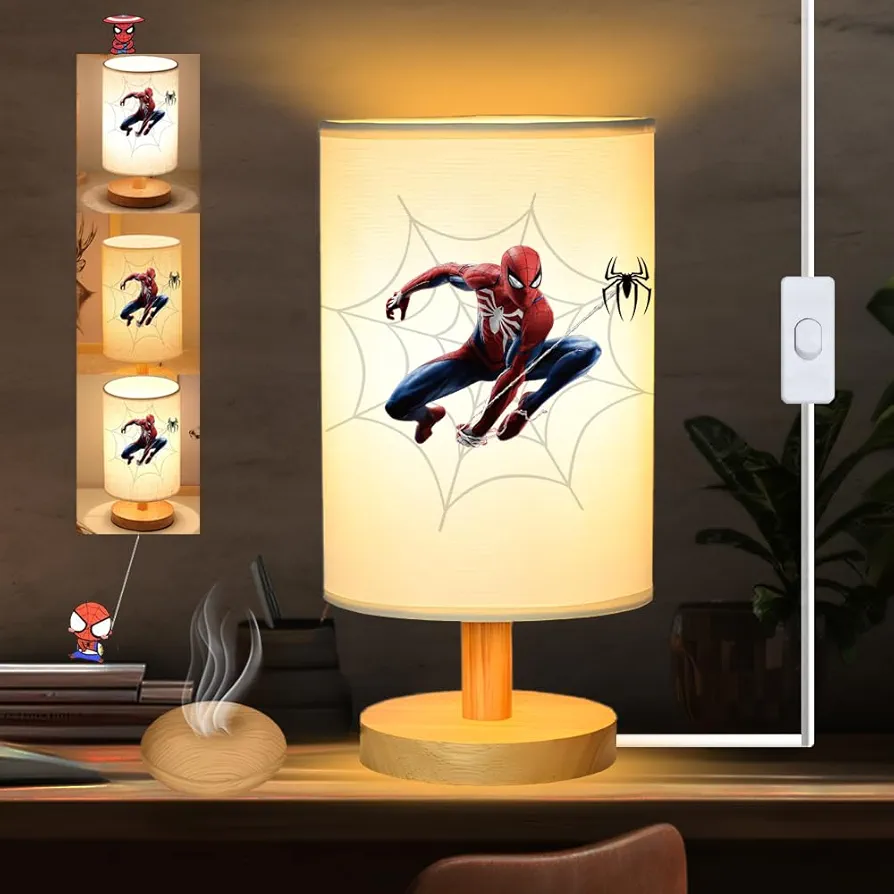 Spider Superhero Bedside Table Lamp for Bedroom Nightstand - 3 Colors Night Stand Light Lamp, Small Lamp Wood Base Round Flaxen Fabric Shade Desk Reading Lamp for Kids Room Decor, LED Bulb Included