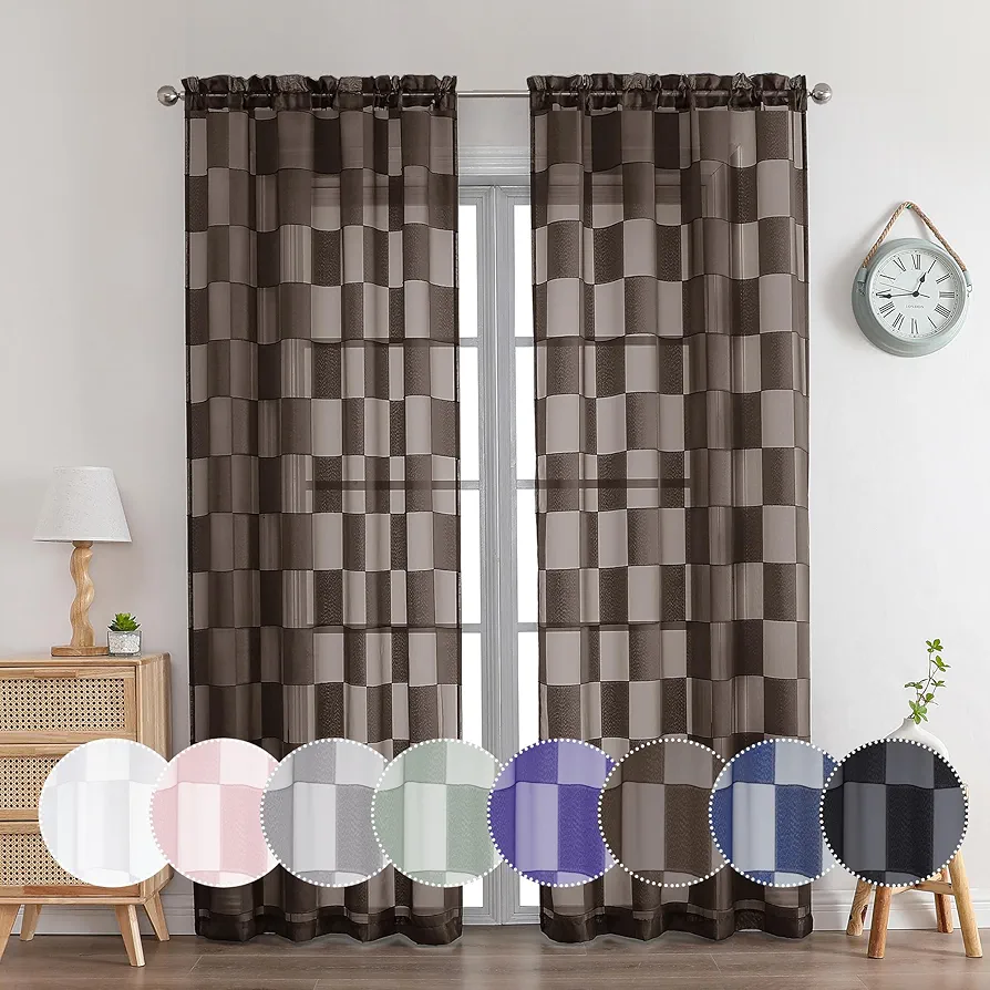 OVZME Barry Brown Sheer Curtains 84 Inch Length 2 Panels - Checkered Light Filtering Soft Airy Voile, Clip Jacquard Textured Drapes for Bedroom Living Room Window, Dual Rod Pocket, 42Wx84L