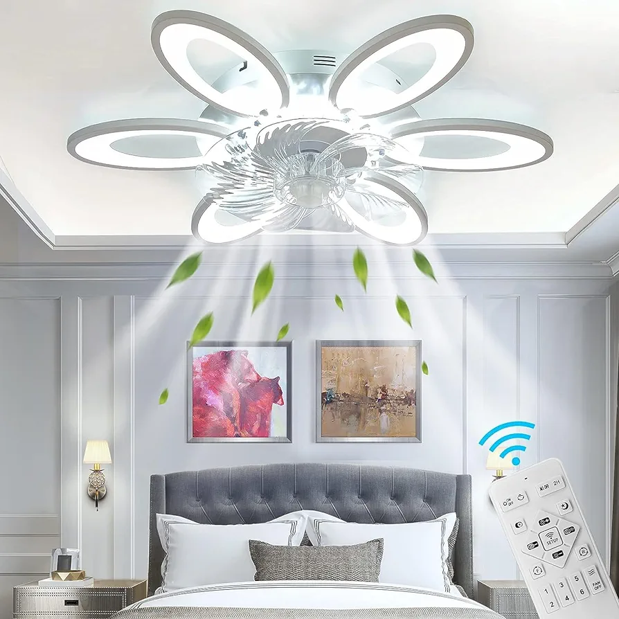 24.5'' Low Profile Ceiling Fan with Lights, Modern Dimmable Flower Shape Ceiling Light Fan with Remote, Fandelier Ceiling Fans Fixture with 6 Speeds and 3 Colors for Living Room Bedroom