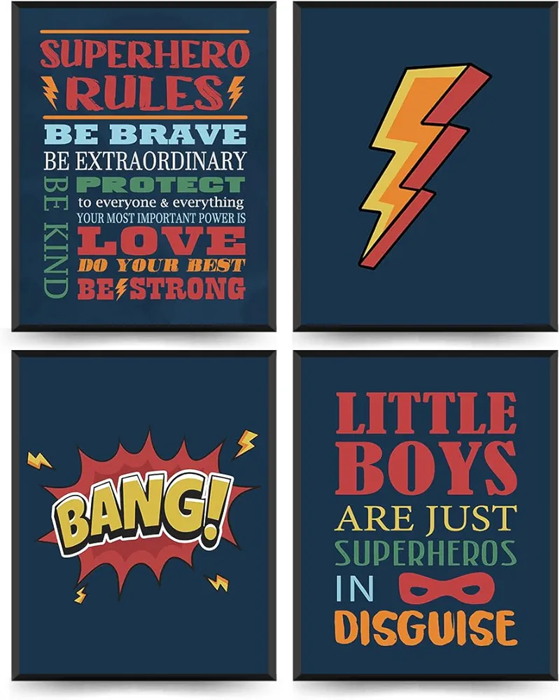 ETVISO Inspirational Quote Rules Wall Art Set of 4, Boys Wall Decor, Superhero Room Decor for Boys, Motivational Quotes Decor for Baby Boys Kids Room Bedroom Playroom Nursery, 8x10 (Unframed)