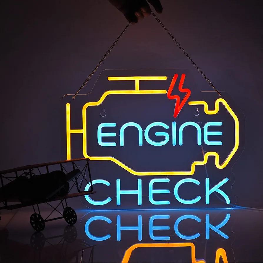 Check Engine Light Neon Sign, LED Neon Light for Car Auto Repair Shop Garage Room Man Cave with Dimmable Switch, USB Powered Neon Signs for Wall Décor (17X13in)