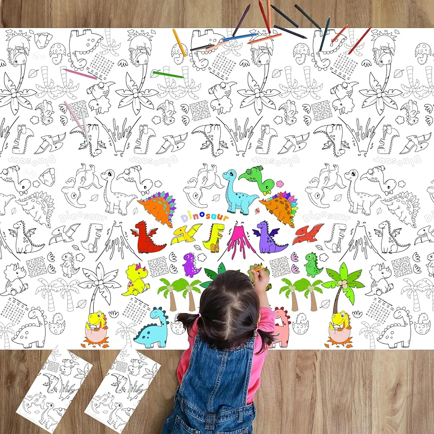 2 Pcs Dinosaur Coloring Tablecloth for Kids, Giant Dino Activity Coloring Paper Poster Table Cover for Classroom Decor, DIY Drawing Coloring Paper Banner for Kids Party Supplies Favor, 70.8" x 47.2"