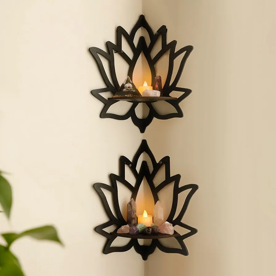 Artilady Lotus Crystal Shelf - 2 Pcs Crystal Essential Oil Display Organizer Black Wooden Corner Wall Shelves Boho Cute Floating Shelf for Bedrooms Offices Living Room Aesthetic Witchy Gift