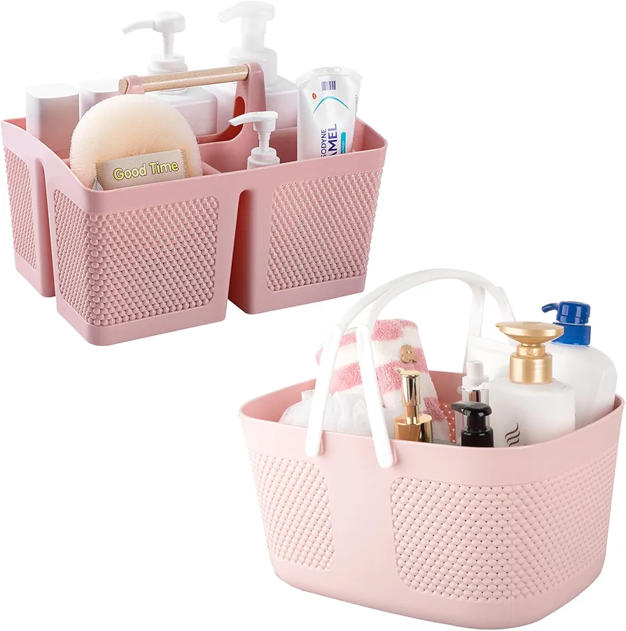 rejomiik Portable Shower Caddy Basket Plastic Cleaning Caddy Organizer Storage Tote with Handle for Bathroom, College, Dorm Room Essentials, Pink