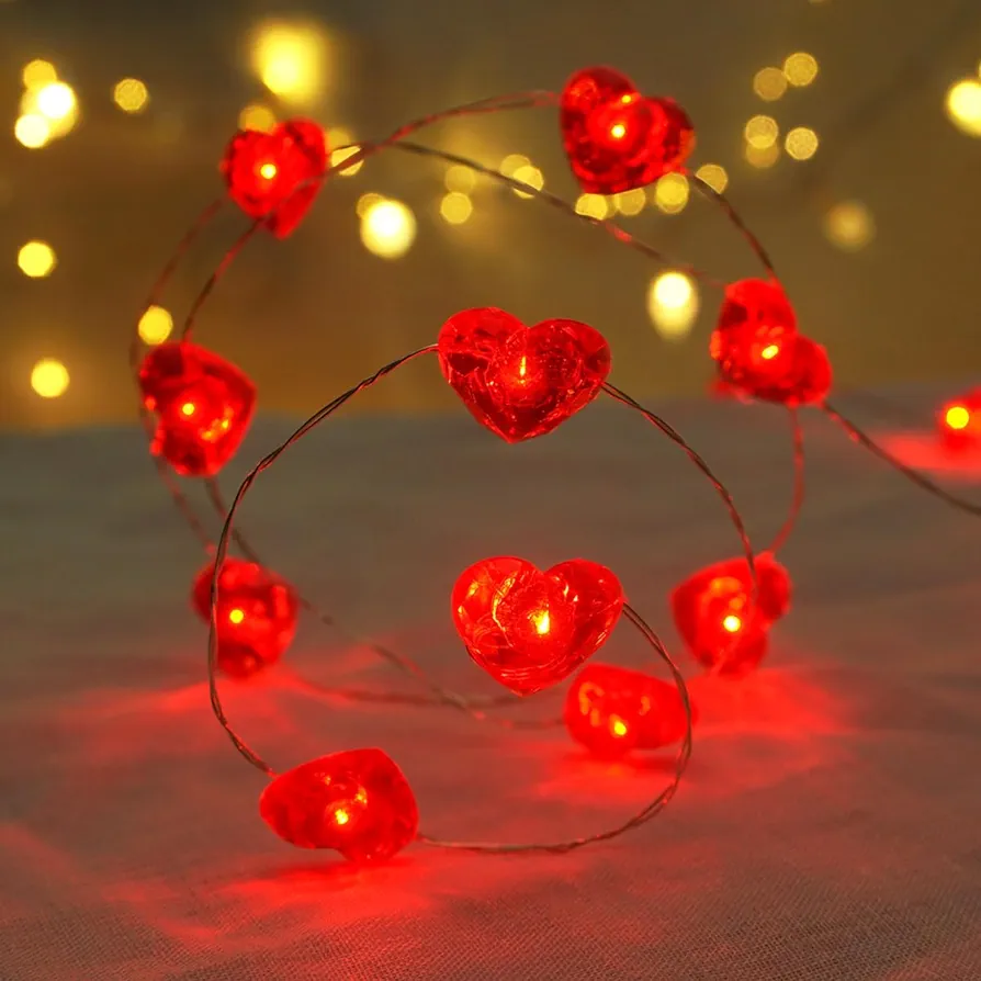 BOHON Valentine Day Decorations 10 ft 40 LEDs Red Heart Shaped Twinkle Fairy String Lights Battery Operated for Kids Bedroom Wedding Indoor Party Valentine's Day Mother's Day Decor with Remote