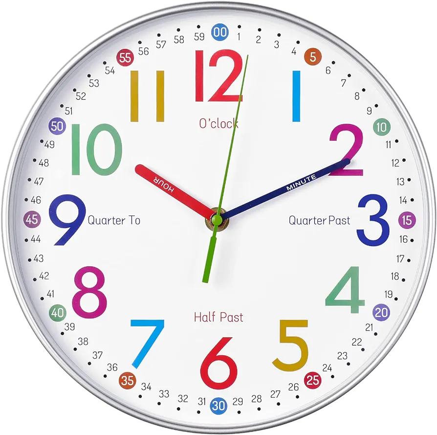 Wall Clock for Kids Learning to Tell Time, 12 Inches Silent Analog Clock for Kids Room Decor/Bedroom/Classroom/Playroom, Colorful Teaching Clock Helps Kids Easier to Tell Time