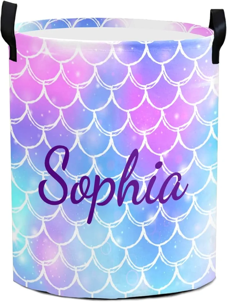 Mermaid Scales Laundry Basket Personalized Laundry Basket with Name for Girls boys, Storage Laundry Basket with Handles for Hamper,Room,Toy Storage (06)