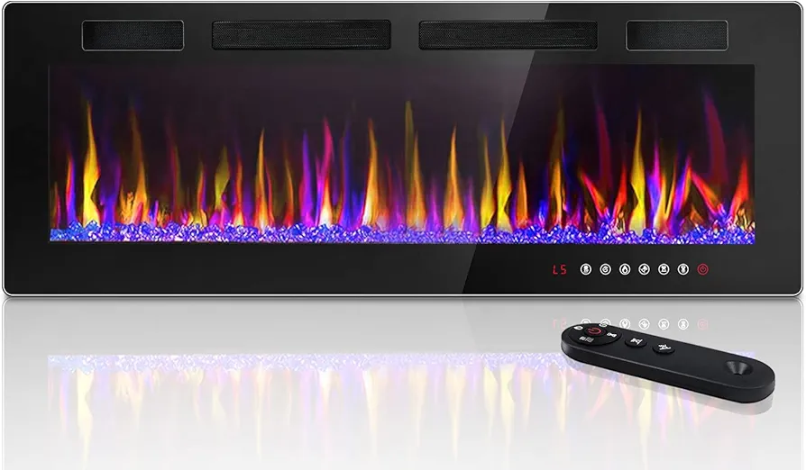 LEMBERI 50 inch Electric Fireplace Recessed and Wall Mounted,750/1500W Heater and Linear Fireplace with Touch Screen Control Panel, Timer,Remote Control,Adjustable Flame Color and Speed