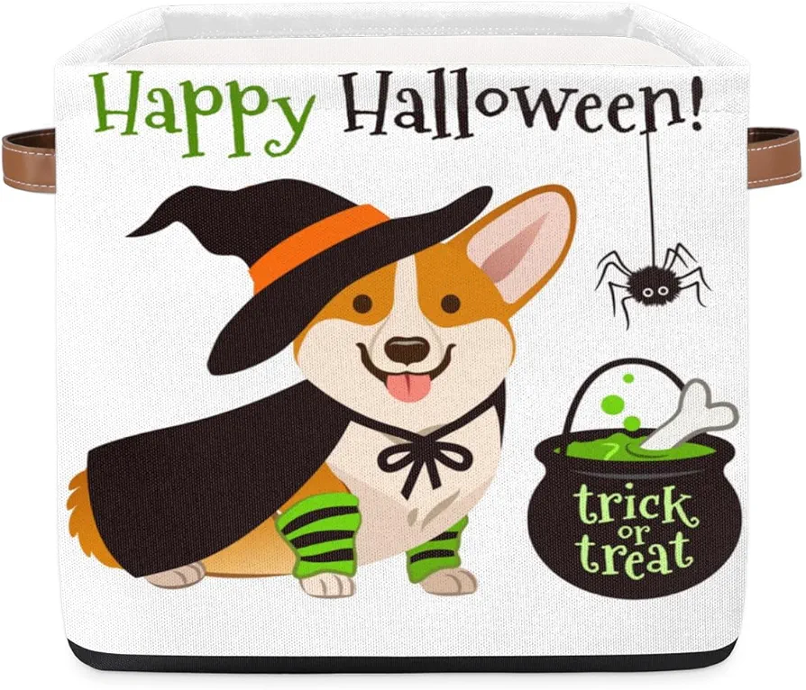 Halloween Dog Witch Costume Hat Cape Storage Basket Collapsible Fabric Storage Box 13x13x13 Inches Square Cube Storage Bins with Handles Bathroom Laundry Room Closet Storage Bins