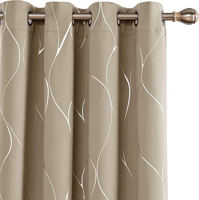 Deconovo Silver Wave Foil Print Blackout Curtains, Grommet Light Blocking Curtain, Room Darkening Window Draperies for Bedroom Living Room for Mom (52W x 84L Inch, 2 Panels, Khaki)