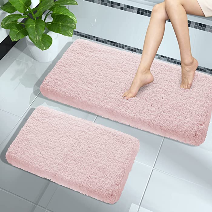 Yimobra Luxury Fluffy Plush Bathroom Rug Mat Set , Soft and Cozy Bath Rugs 2 Pcs, Water Absorbent, Non Slip, Machine Washable, Thick Mats for Tub Shower 44.1" x 24" + 17" x 24", Pink