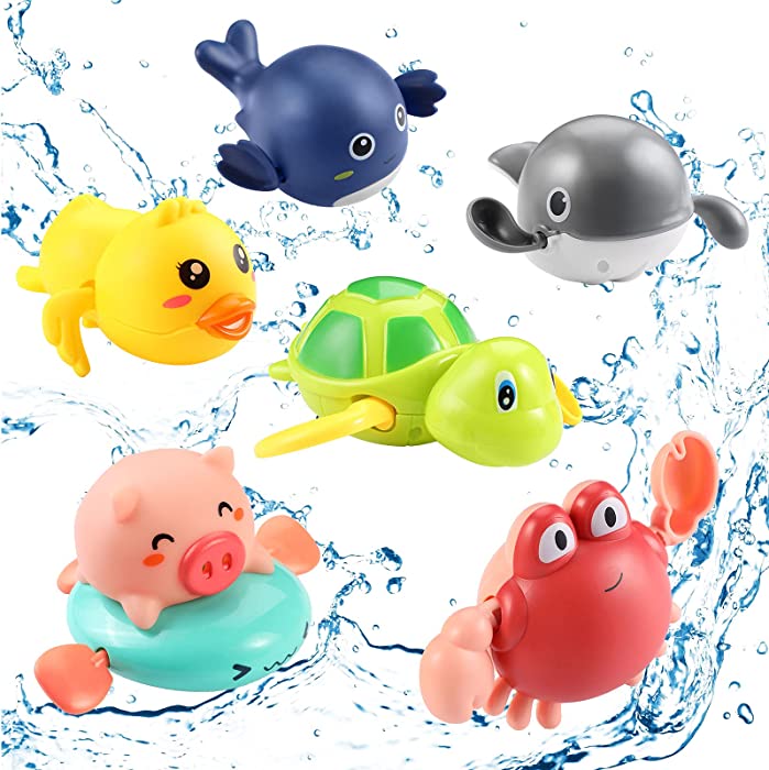 6 Pieces Wind Up Bath Toys Wind-up Bathtub Baby Bath Toys Turtle Wind Up Toys Pig Dolphin Crab Duck Wind Up Toys for Little Boys and Girls, 6 Styles