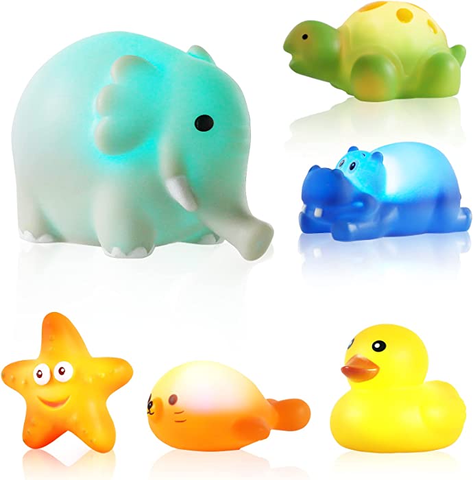 Bath Toy, 6 Pack Light Up Floating Rubber Animal Toys Set, Flashing Color Bathtub Toys for Bathroom Shower Game Swimming Pool Party, Water Toy for Toddlers Kids Infants 6-36 Month, 1-3 Year Old Babies