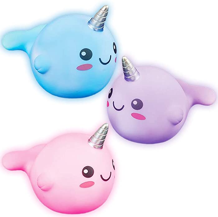 ArtCreativity Light Up Narwhal Bath Toys for Kids, Set of 3, Cute Bathtub Toys with Fun LEDs, Bath Tub Toys for Boys and Girls, Cool Narwhal Birthday Party Favors, Goodie Bag Fillers for Children