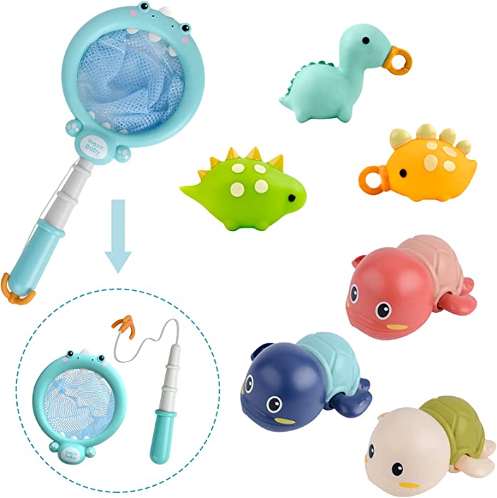 SJFEEVOR Baby Swimming Turtle Bath Toys, Water Table Toys with Fishing Net and Rod, Cute Toy Turtles Baby Swimming Toys for Water Table and Pool, Mold Free Bath Toys for Toddlers Boys Girls 1 2 3 4 5