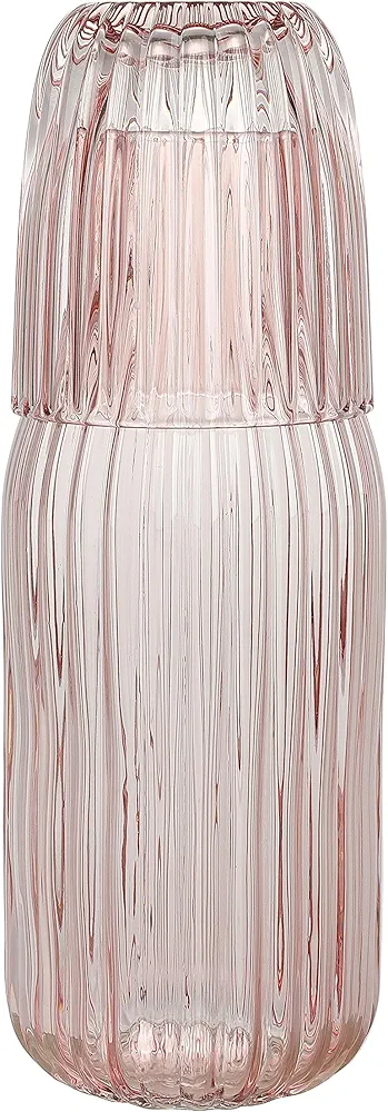 elle decor Ribbed Bedside Water Carafe with Tumbler Set | Ribbed Glass Pitcher and Matching Drinking Glass Doubles as Lid | 39-Ounce Jug for Guest Room, Office, or Gift | 4” x 9.5” (Pink)