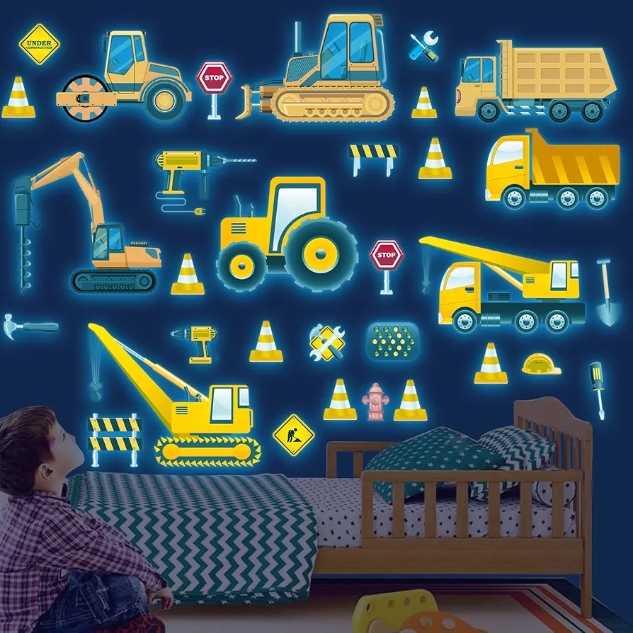 Glow in The Dark Construction Wall Decals,Luminous Construction Wall Stickers Decals Glowing Self-Adhesive Truck Car Excavator Stickers for Ceiling Decor Kids Baby Room Wall Stickers Decor Boys Gifts