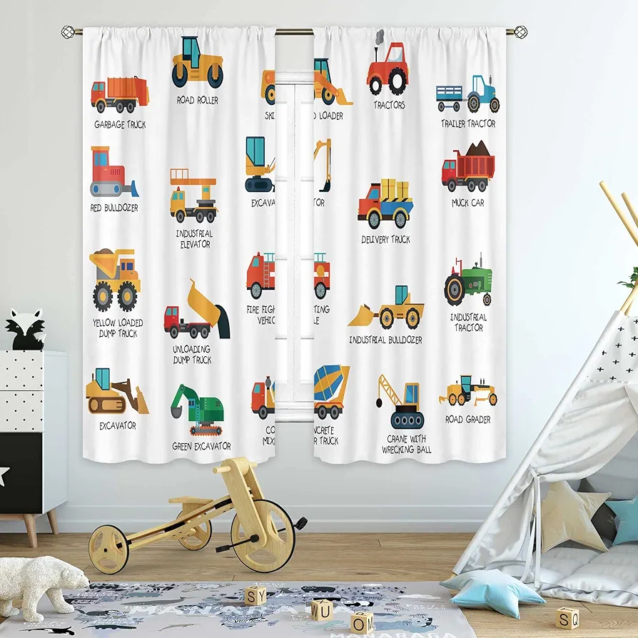 Cinbloo Kids Construction Curtains Rod Pocket 42W x 63L Inch Cute Cartoon Trucks for Boys Tractor Bedroom Decor Excavator Bulldozer Crane Car Educational Children Living Room Window Drapes 2 Panels