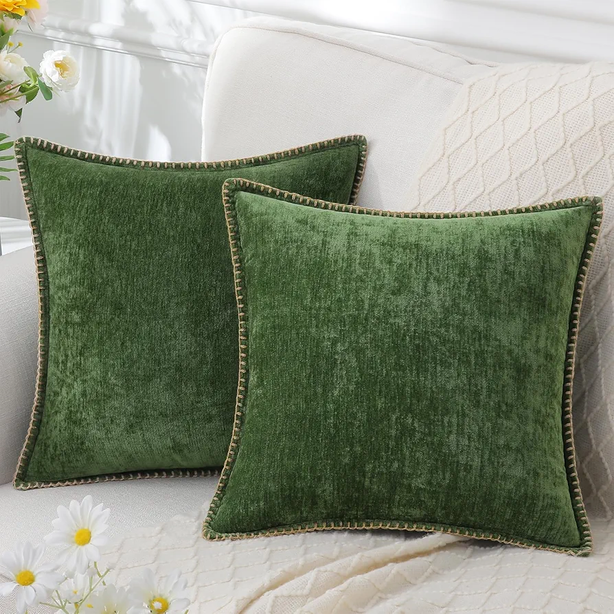 decorUhome Chenille Soft Throw Pillow Covers 18x18 Set of 2, Spring Farmhouse Velvet Pillow Covers, Decorative Square Pillow Covers with Stitched Edge for Couch Sofa Bed, Forest Elf