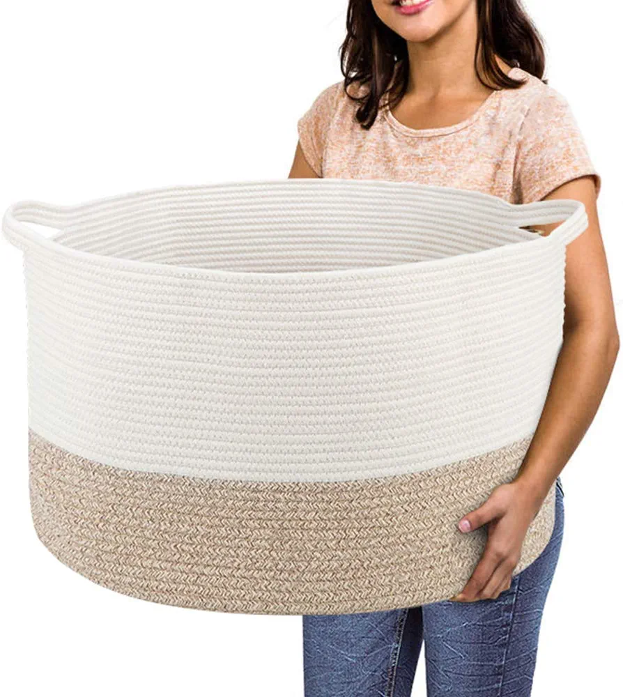 Extra Large Cotton Rope Basket 22" x 14" - Toy Basket for Kids -Blanket Basket for Living Room - Woven Baskets for Storage