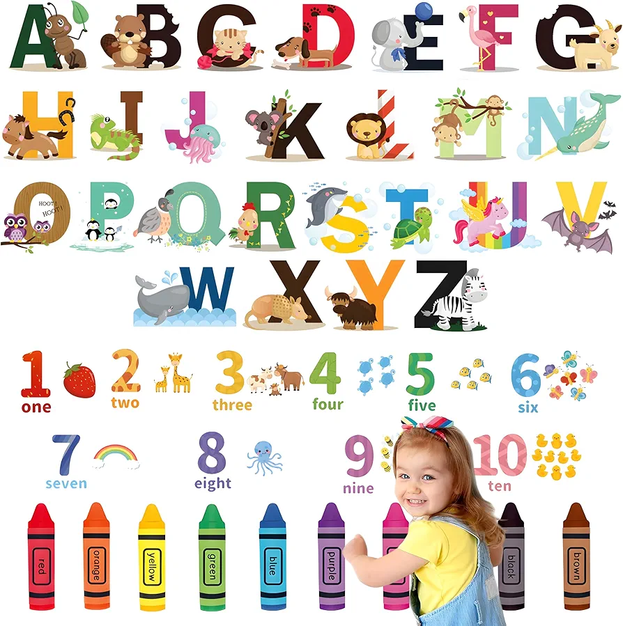 Animal Alphabet Numbers Colour Pens Wall Decals Stickers Kids Peel and Stick Removable for Room décor Letters ABC Classroom Playroom Decorations Educational Bedroom Nursery