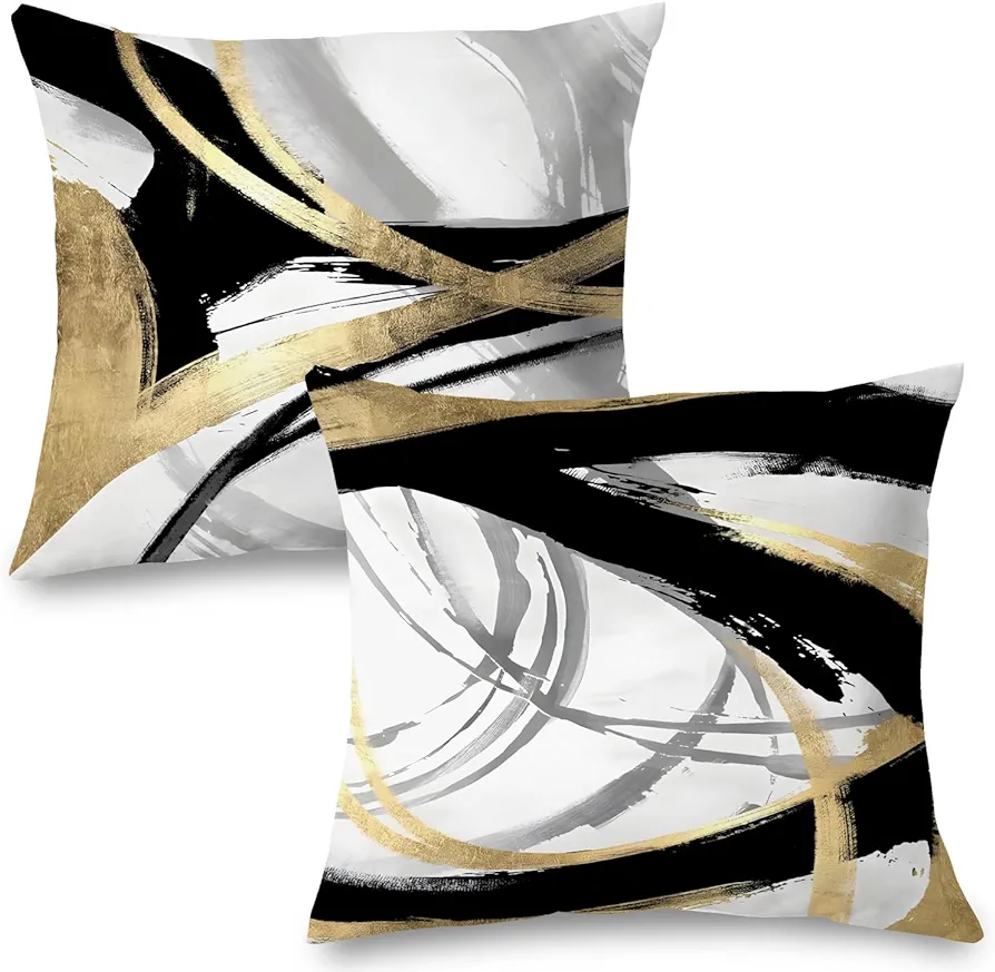 Black White and Gold Pillow Covers, Abstract Black and Gold Pillow Covers 20x20 Set of 2, Modern Boho Home Decor, Black and Gold Pillows Decorative Throw Pillows for Couch Living Room Bedroom